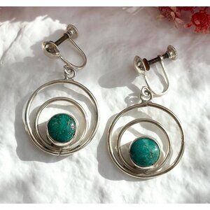 Double Swirl Hoop Turquoise Screw Back Vintage Sterling Silver 925 Earrings